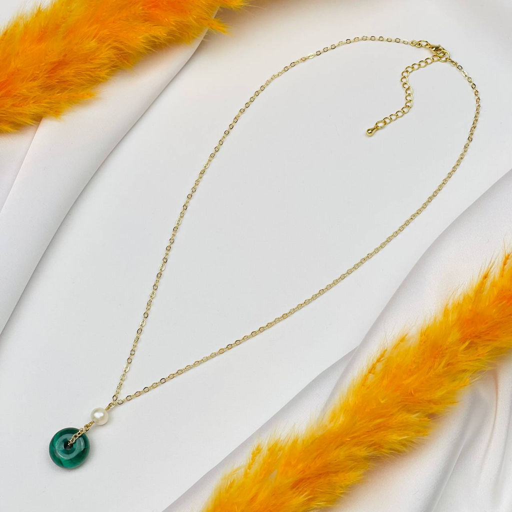Колье на цепочке с Малахитом и Жемчугом - Радуга самоцветов фото 2