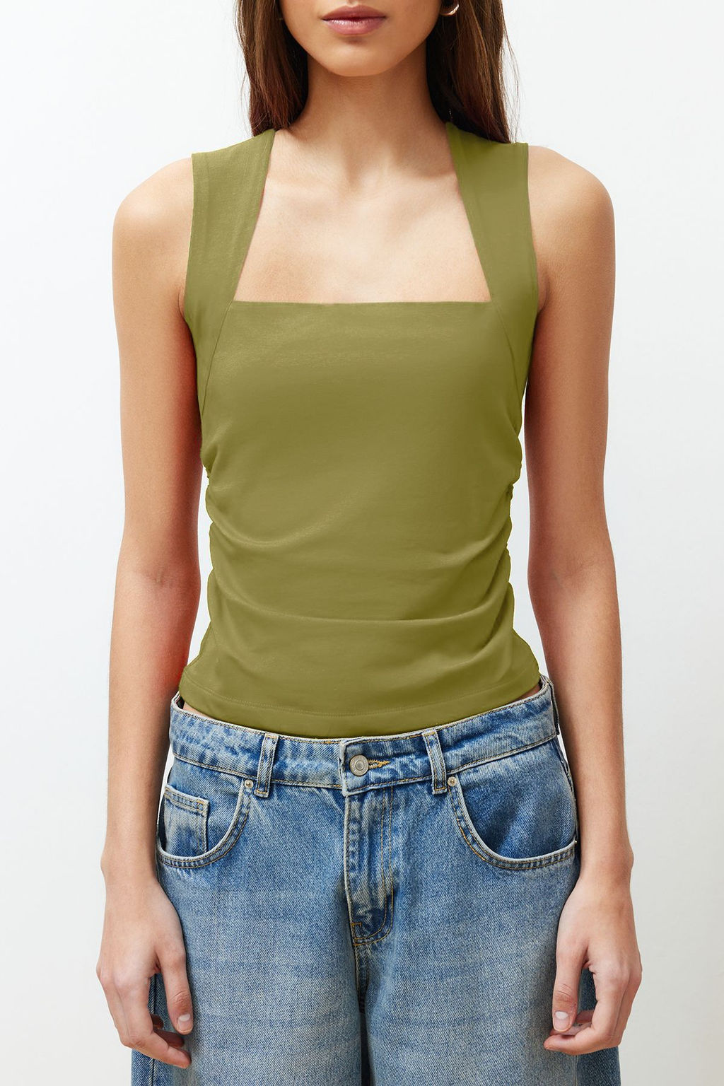 Trendyolmilla Siyah Duz Kare Yaka Ask?l? Buzgulu Fitted/Vucuda Oturan Esnek Orme Bluz TWOSS24BZ00400  фото 8