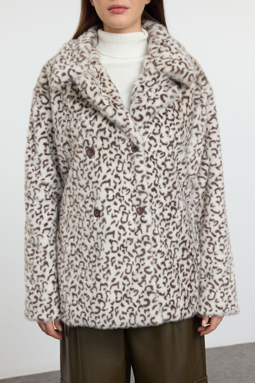 Cok Renkli Kahverengi Leopar Desenli Oversize Kal?p Uzun Kurk Mont TWOAW25MO00190