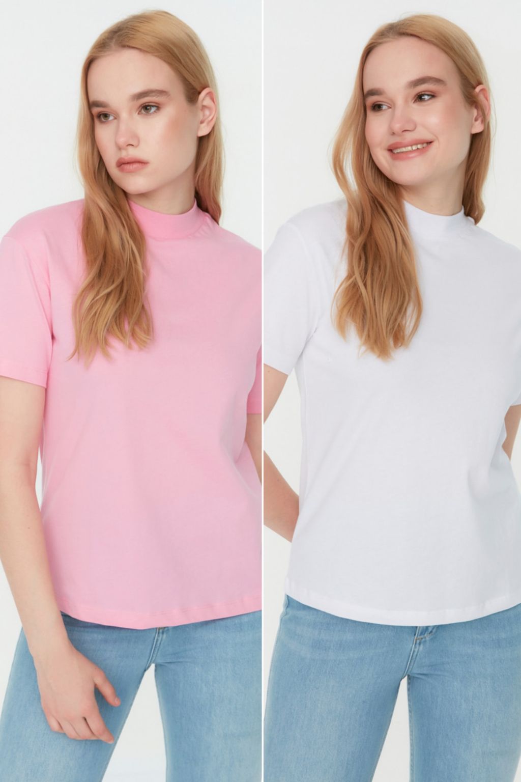 Pembe-Beyaz 2li Paket %100 Pamuk Basic Dik Yaka Orme T-Shirt TWOSS20TS1500