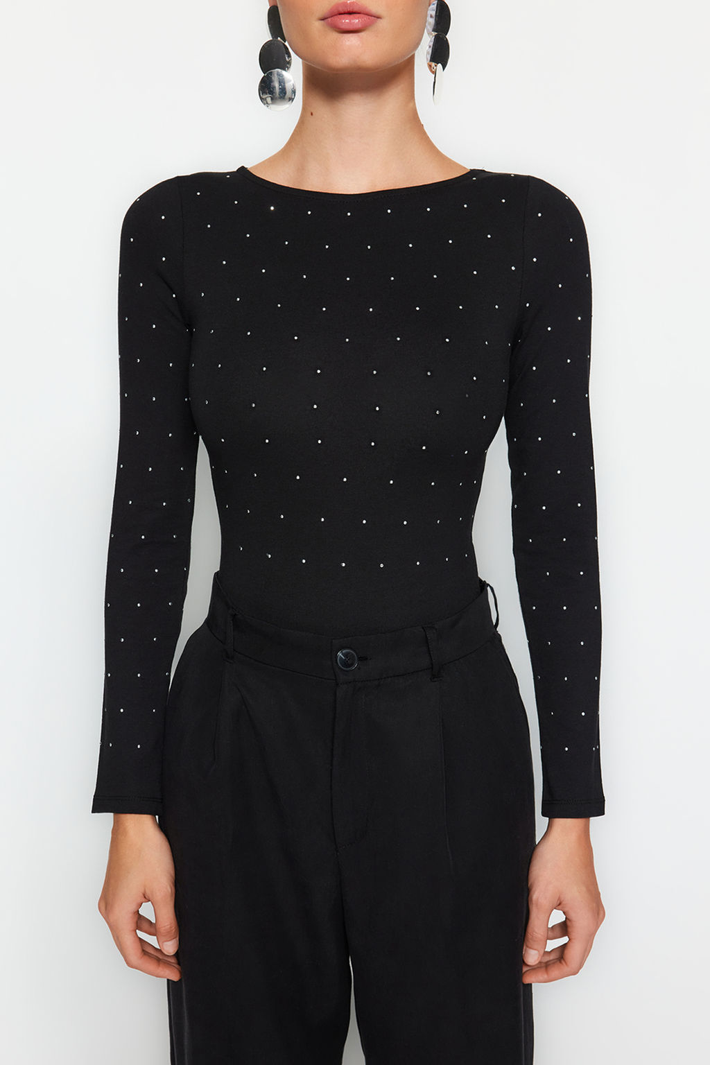 Siyah Parlak Tas Bask?l? Pamuklu Uzun Kol Esnek Alttan C?tc?tl? Orme Body TWOAW24BD00059