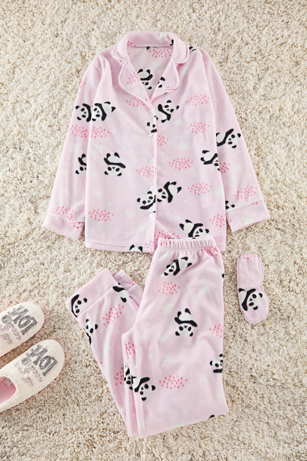 Trendyolmilla Ac?k Pembe Panda Desenli Uyku Bantl? Polar K?sl?k Orme Pijama Tak?m? THMAW22PT0359