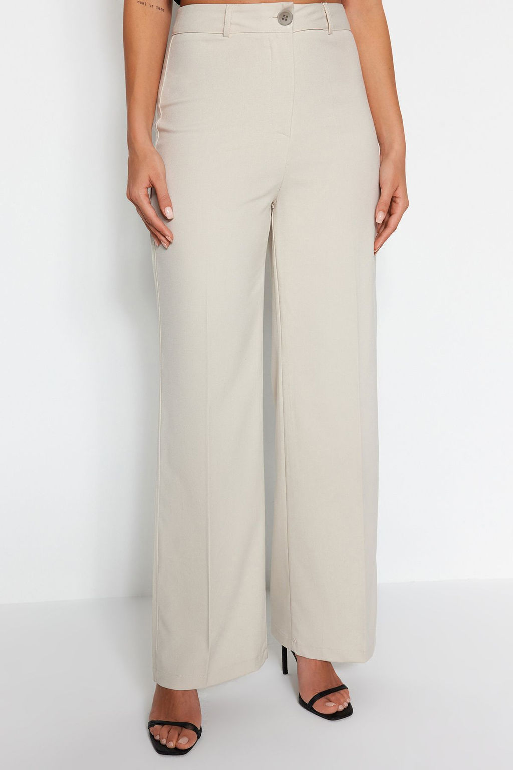 Bej Wide Leg/Genis Paca Yuksek Bel Dokuma Kumas Pantolon TWOSS23PL00314