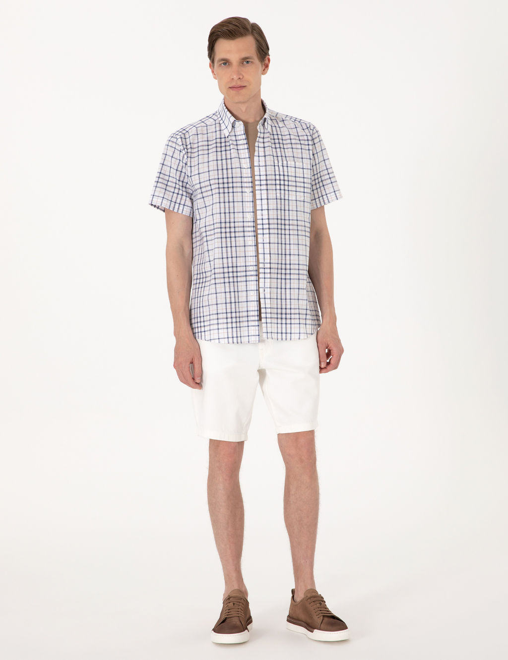 Lacivert Regular Fit K_sa Kollu Ekose G_mlek