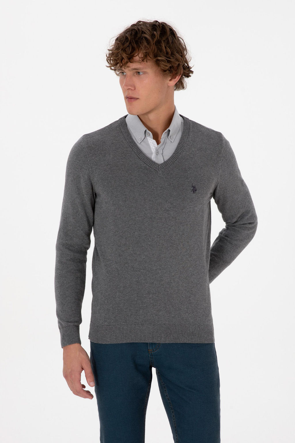 Erkek Slim Fit V Yaka Gri Melanj Basic Triko Kazak - U.s. polo assn фото 3