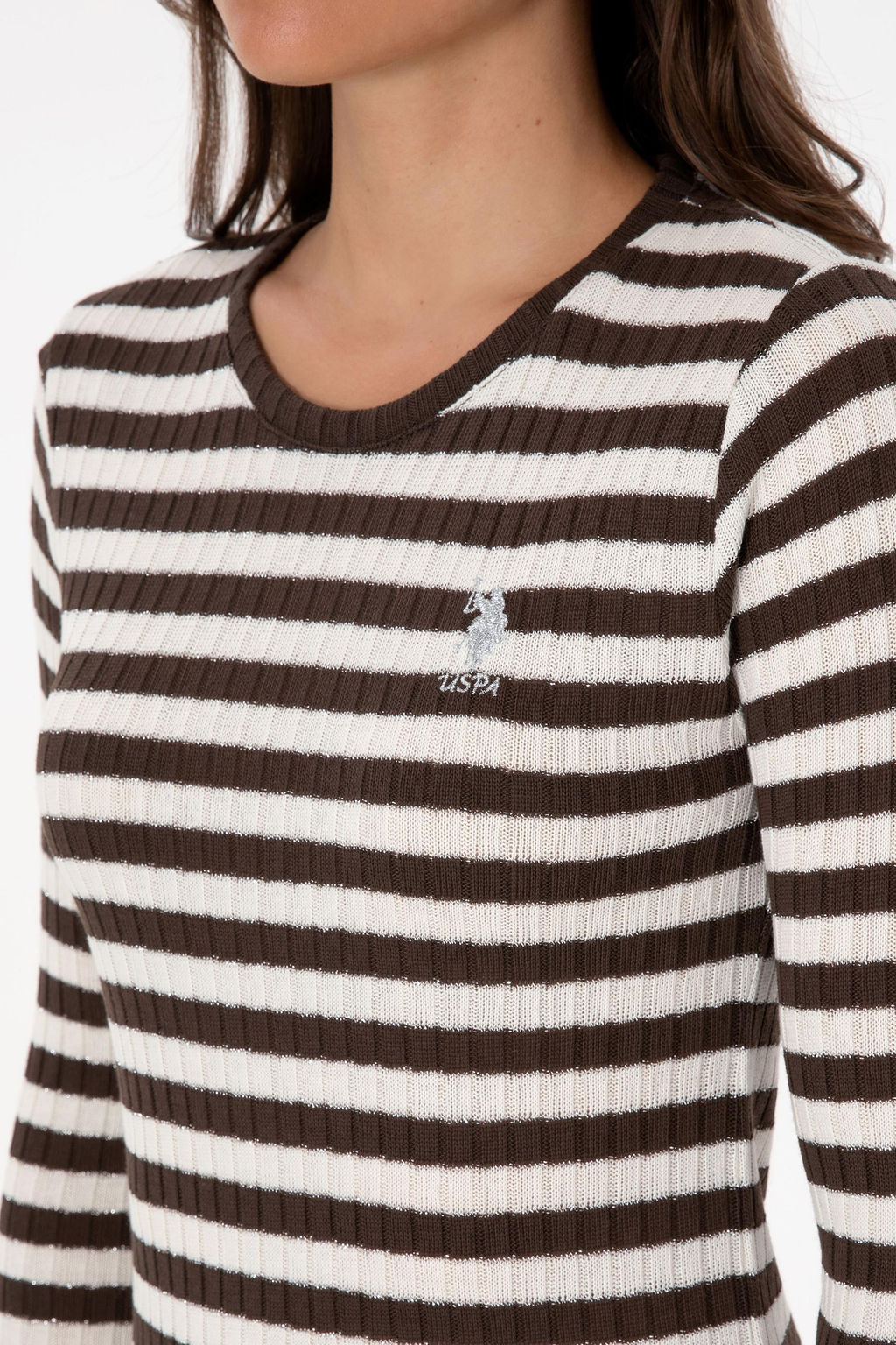 Kad_n Kahverengi _izgili Bisiklet Yaka Sweatshirt