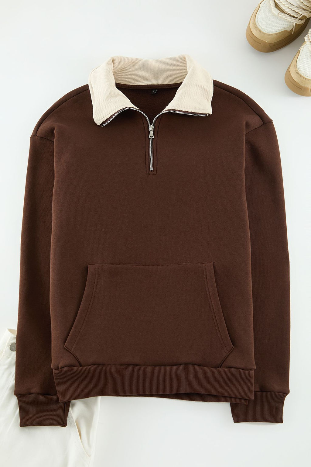 Kahverengi Oversize/Genis Kesim Dik Yaka Fermuarl? Ici Polarl?/S?cak Tutan Sweatshirt TMNAW25SW00081