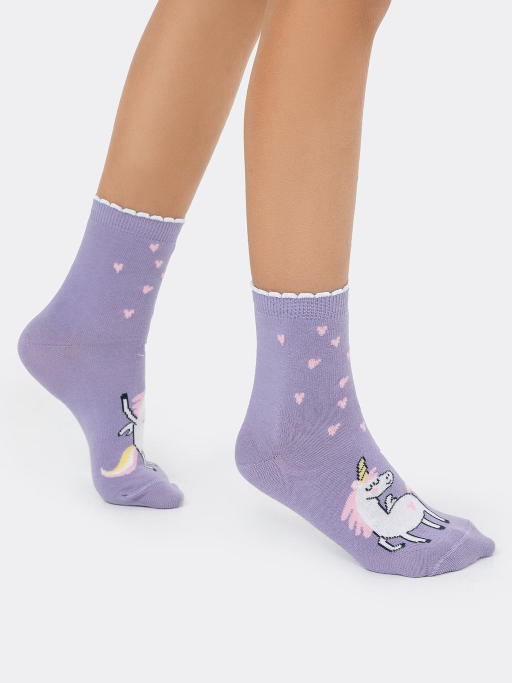 Цена за 5 пар! Детские высокие носки лавандового цвета с пикотом на борту