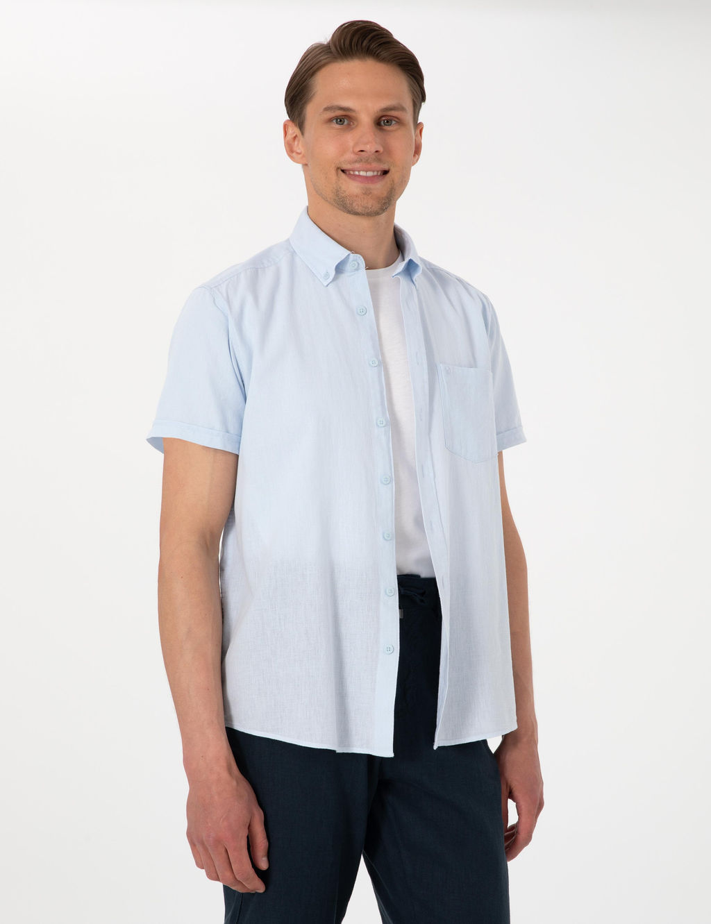 Рубашка Pierre Cardin Regular Fit светло-голубая из льняной смеси