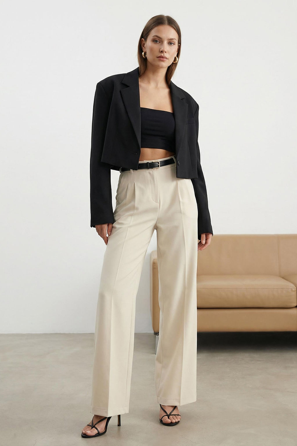 Ekru Pilili Wide Leg/Genis Paca Dokuma Pantolon TWOAW25PL00109 Palazzo