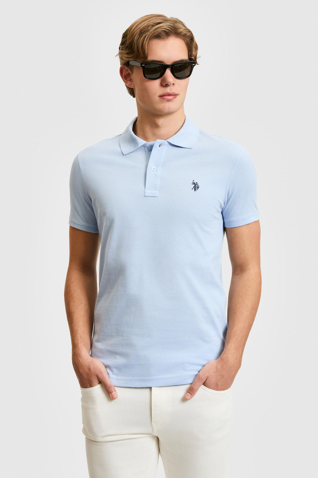 Erkek Slim Fit Polo Yaka A__k Mavi Basic Ti__rt