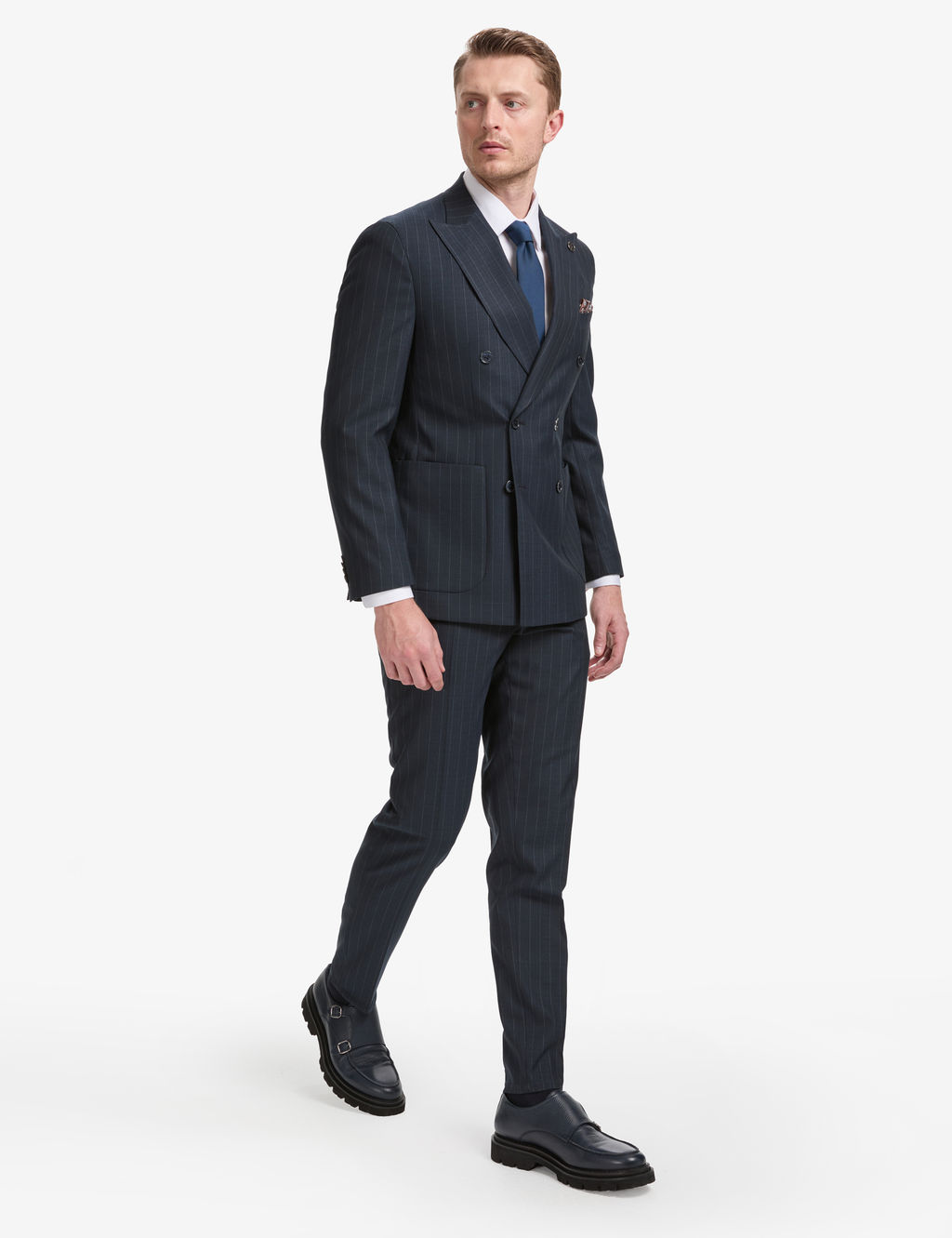 Lacivert Extra Slim Fit _izgili Kruvaze Tak_m Elbise
