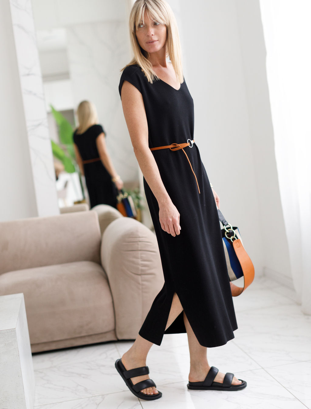 VILATTE / Платье из вискозы, связанное плетением интерлок с ремешком  фото 2