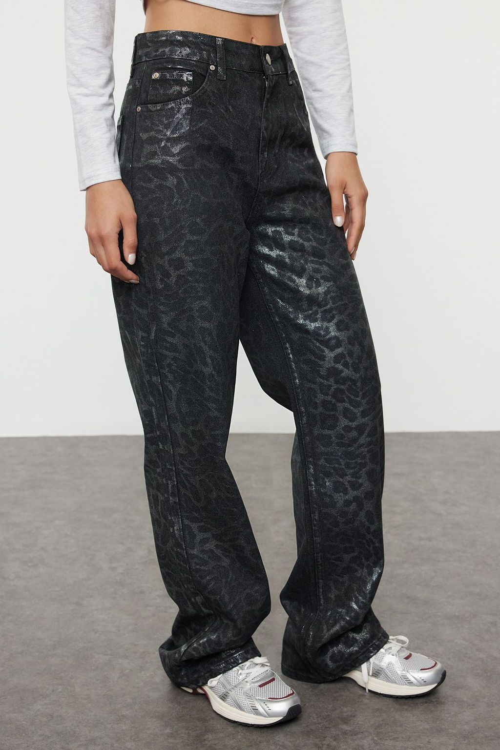 Limited Edition Cok Renkli Leopar Varak Bask?l? Yuksek Bel Wide Leg Jeans TWOAW25JE00071 - Trendyolmilla фото 10