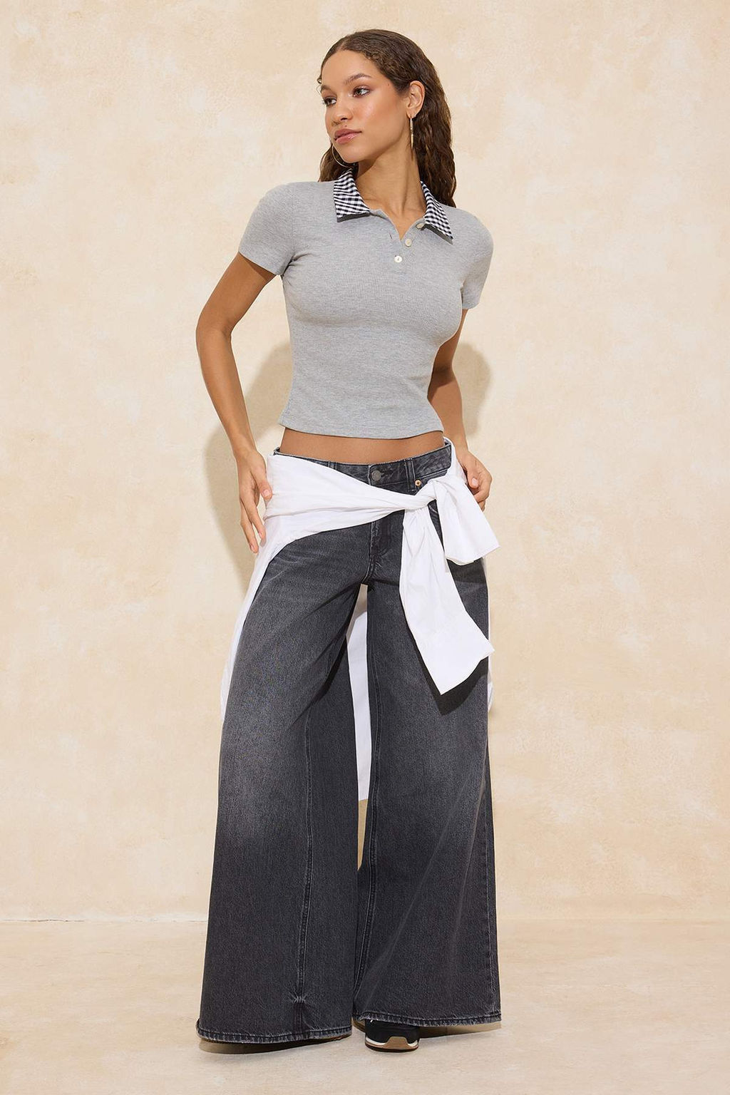 Gri Melanj Fitted/Vucuda Oturan Polo Yaka Dokuma Detayl? Fitilli Esnek Orme Bluz TWOSS26BZ00096 - Trendyolmilla фото 2