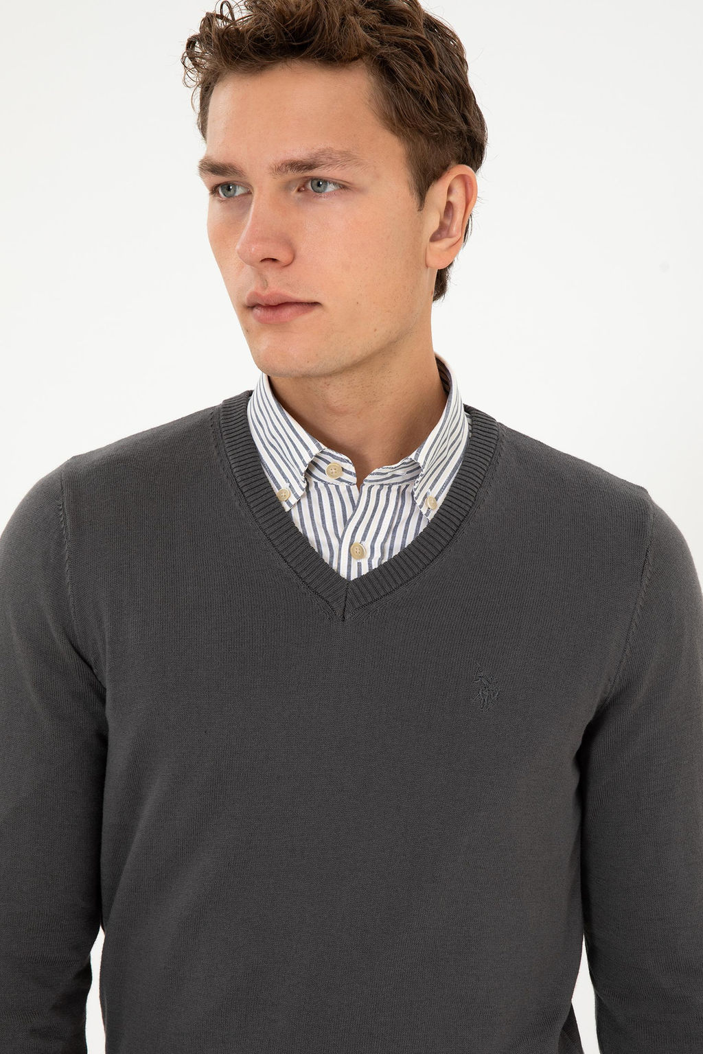 Erkek Slim Fit V Yaka Gri Basic Triko Kazak - U.s. polo assn фото 2
