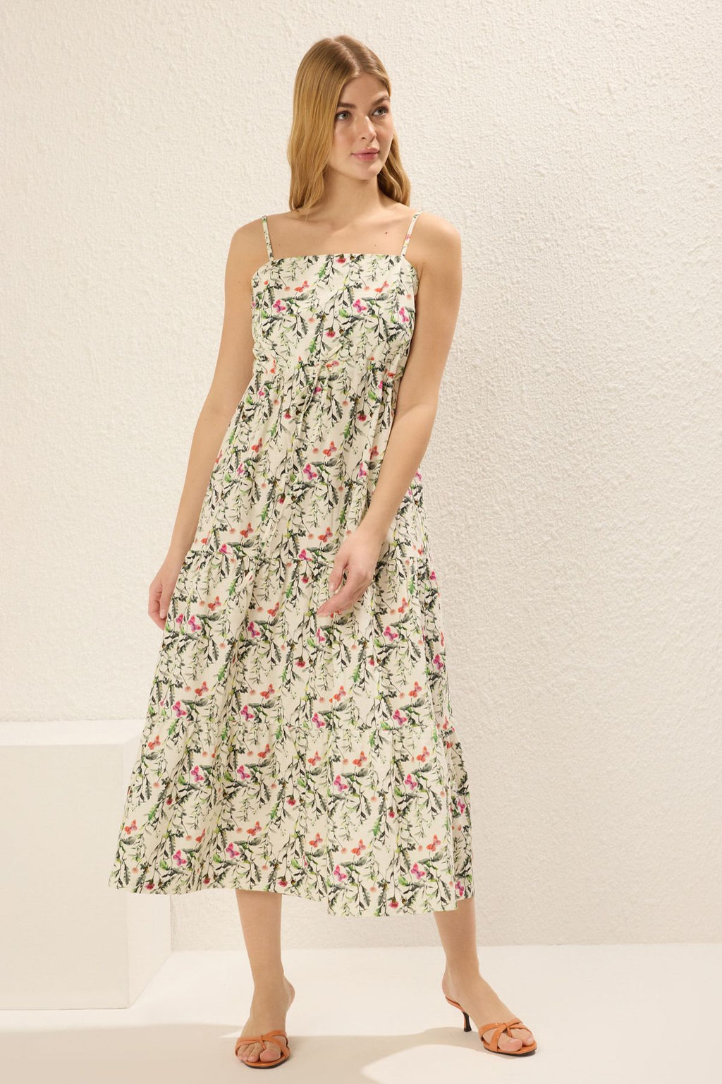 Cok Renkli Cicekli Etegi Belden Ac?lan Gipe Detayl? Midi Dokuma Elbise TWOSS25EL00023 - Trendyolmilla фото 2