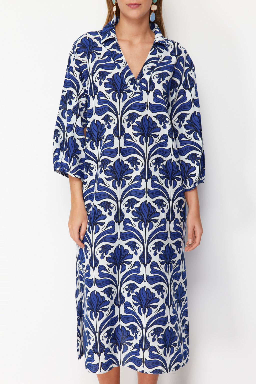 Etnik Desenli Genis Kal?p Dokuma %100 Pamuk Midi Plaj Elbisesi TBESS22EL0009