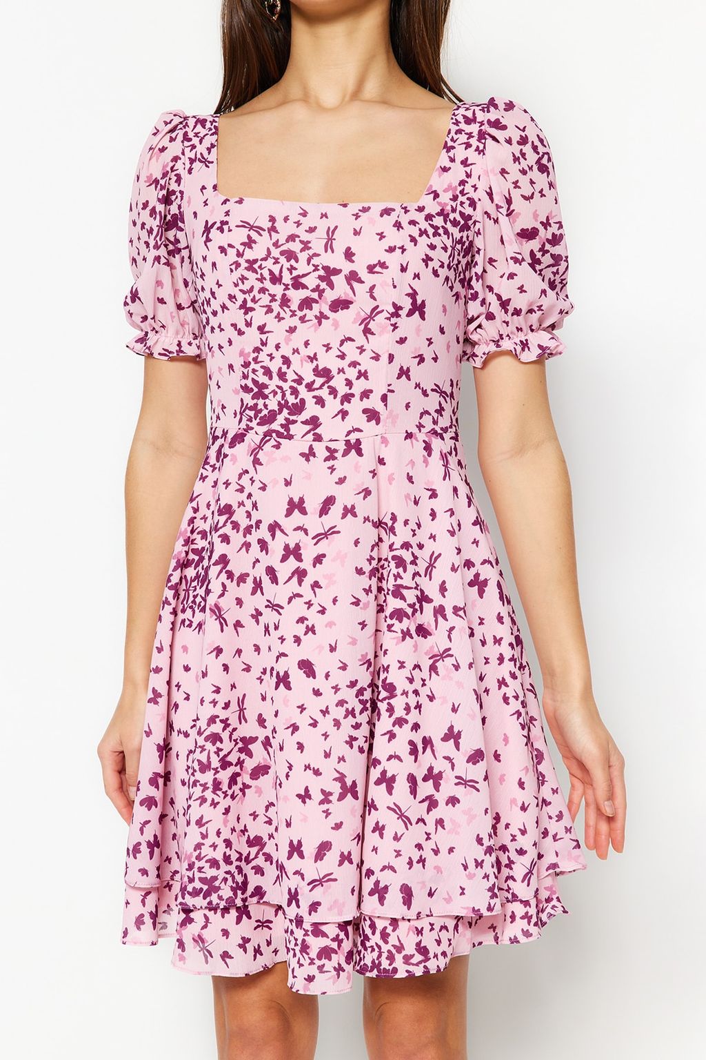 Pembe Desenli Belden Ac?lan Mini Astarl? Sifon Dokuma Elbise TWOSS23EL01171