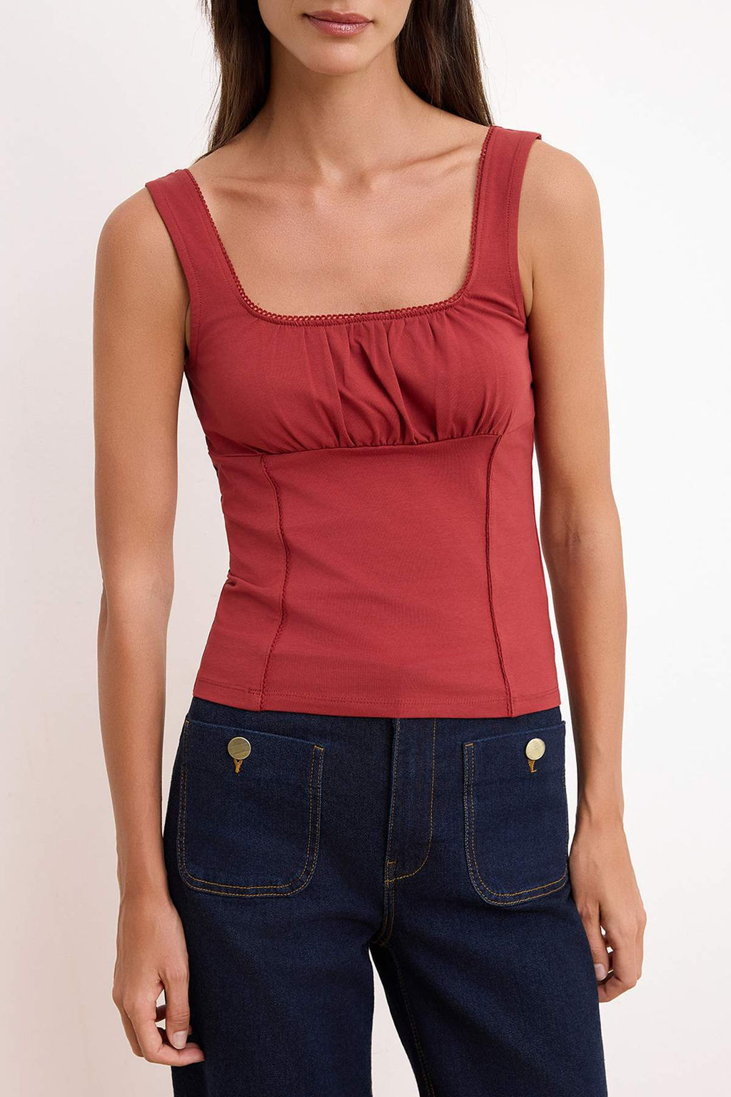 Kiremit Fitted/Vucuda Oturan Kare Yaka Kal?n Ask?l? Kolsuz Pamuklu Esnek Orme Atlet TWOSS26AL00030