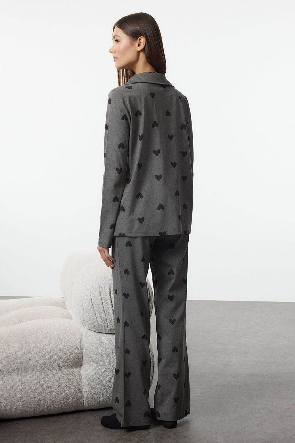 Gri %100 Pamuklu Kalp Desenli Orme Pijama Tak?m? THMAW21PT0548
