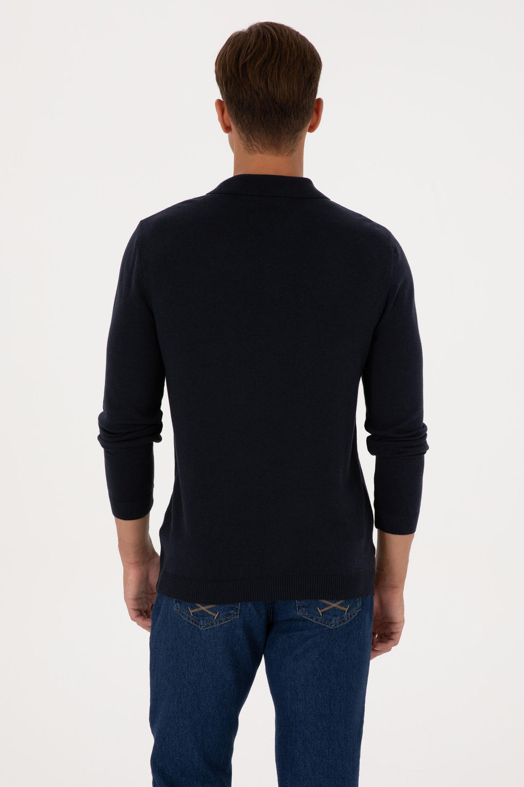 Erkek Slim Fit Polo Yaka Lacivert Basic Kazak