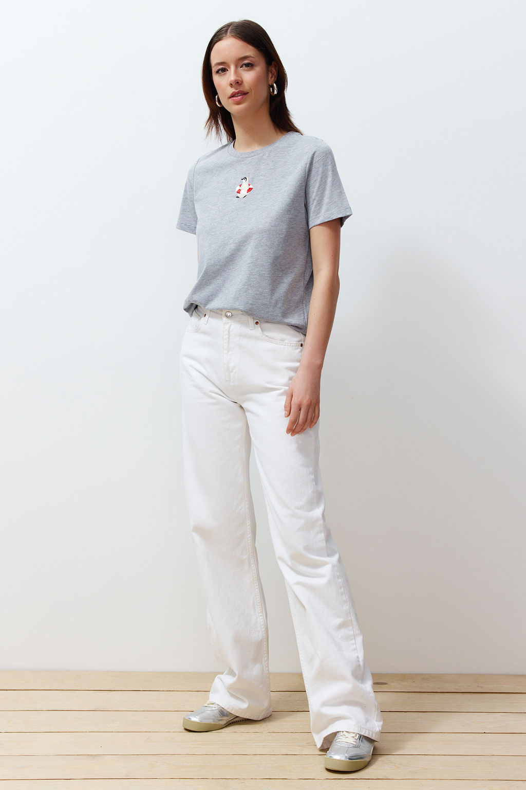 Gri Melanj Nak?sl? Regular/Normal Kal?p Orme T-Shirt TWOSS24TS00160