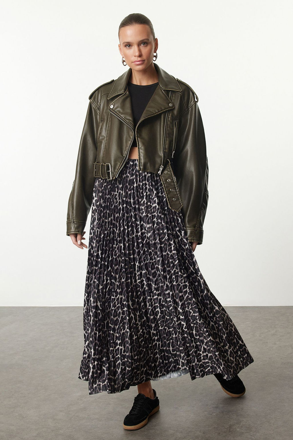 Koyu Kahverengi Piliseli Leopar Bask?l? Esnek Orme Etek TWOSS24ET00041