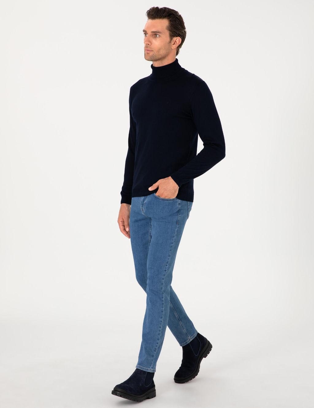 Lacivert Slim Fit Y_n Kar___ml_ Bal_k__ Yaka Basic Triko Kazak