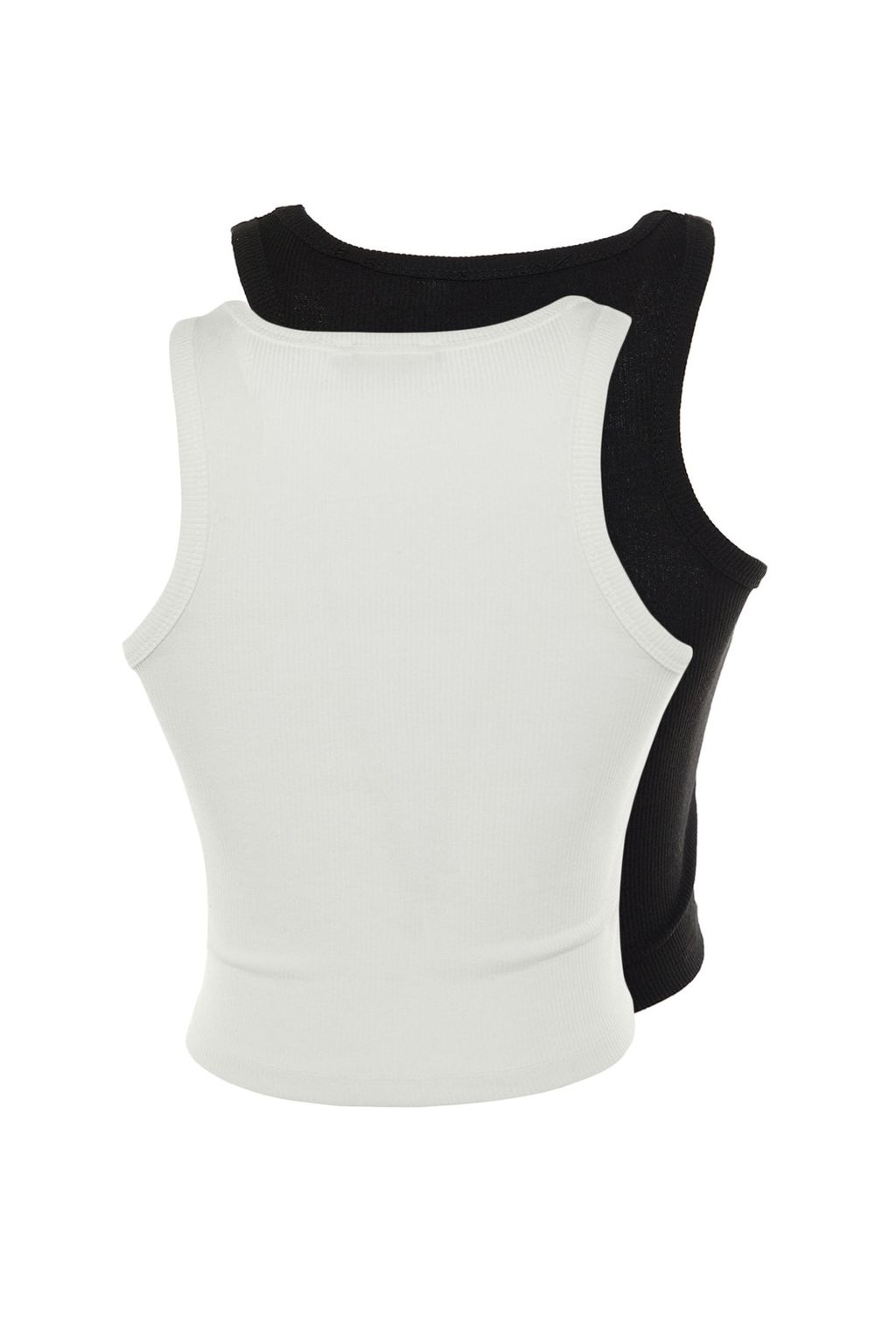 Siyah-Beyaz 2li Paket Fitted/Vucuda Oturan Crop Halter Yaka Fitilli Esnek Orme Atlet TWOSS21AL0058