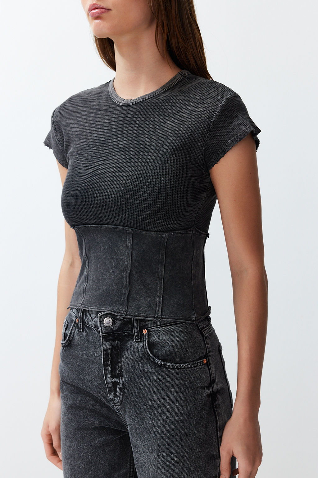 Antrasit Duz Y?kamal? Slim Bisiklet Yaka Crop Orme Bluz TWOSS24BZ00405