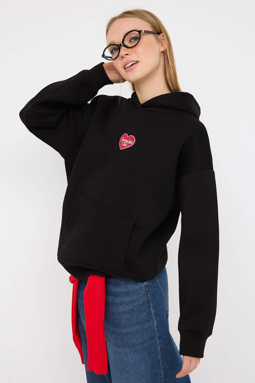 Teen Siyah Kal?n Ici Polarl? Kalp Bask?l? Kapusonlu Oversize Kal?p Orme Sweatshirt TWOAW26SW00158