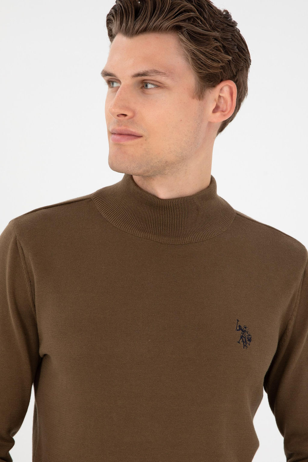 Erkek Slim Fit Yar_m Bo_azl_ Haki Basic Kazak