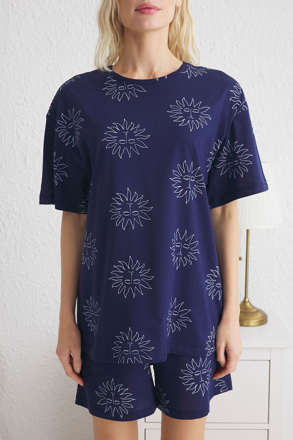 Trendyolmilla Lacivert %100 Pamuklu Gunes Desenli Sortlu Orme Pijama Tak?m? THMSS25PT00139  фото 5