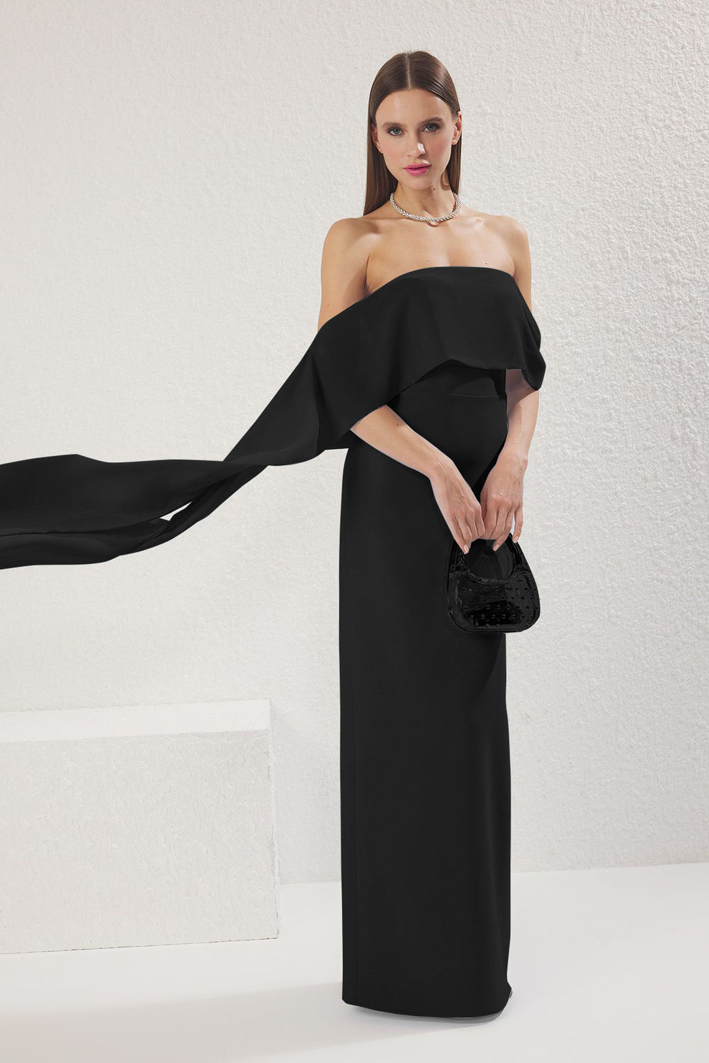 TRENDYOLMILLA Ac?k Mavi Carmen Yaka Dokuma Uzun S?k Abiye Elbise TPRSS25AE00115 фото 12