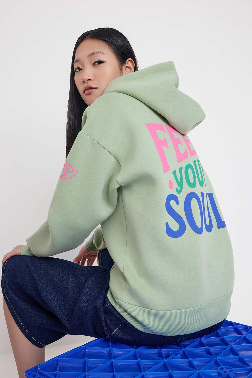 Teen Mint Oversize/Genis Kal?p S?rt Bask?l? Kal?n Ici Polarl? Orme Sweatshirt TWOAW26SW00109