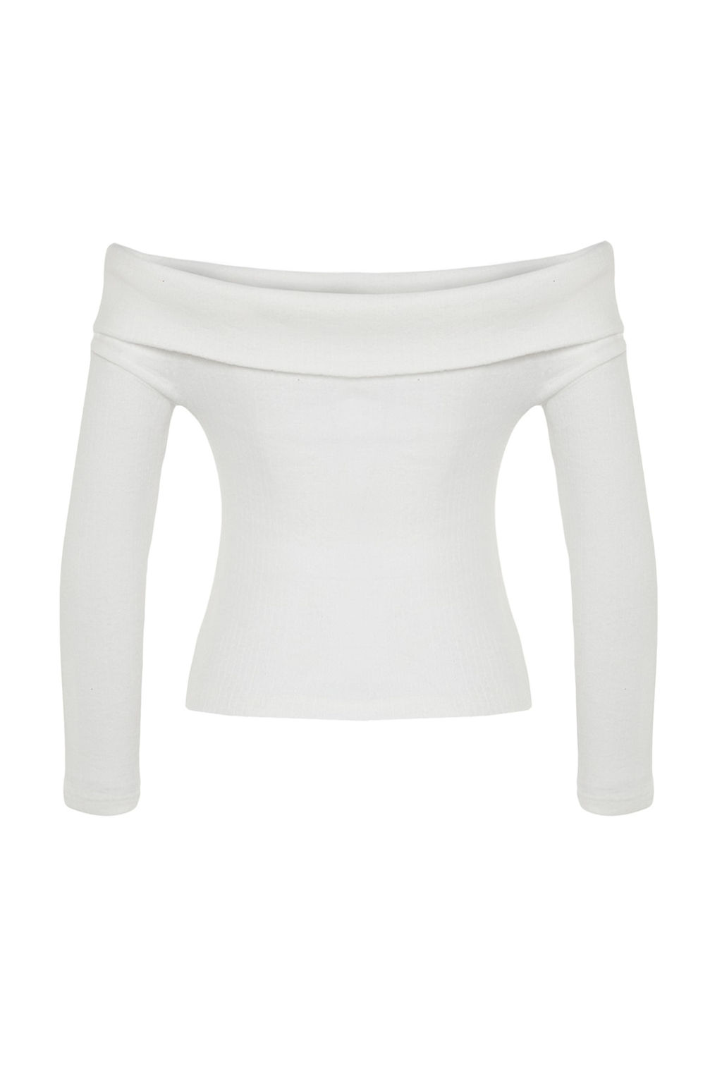 Trendyolmilla Ekru Triko Gorunumlu Carmen Yaka Fitted/Vucuda Oturan Crop Orme Madonna Yaka Bluz TWOAW24BZ00180