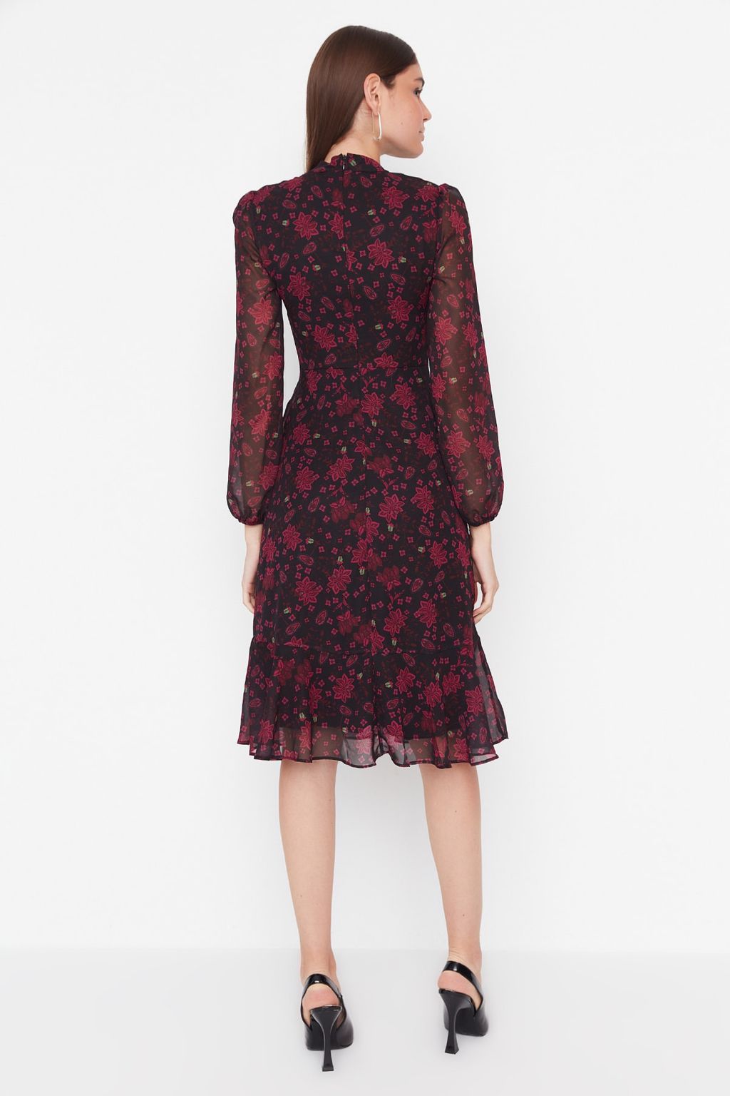 Pembe Cicekli A Kesim Dik Yaka Midi Astarl? Sifon Dokuma K?sl?k Elbise TWOAW20EL1313