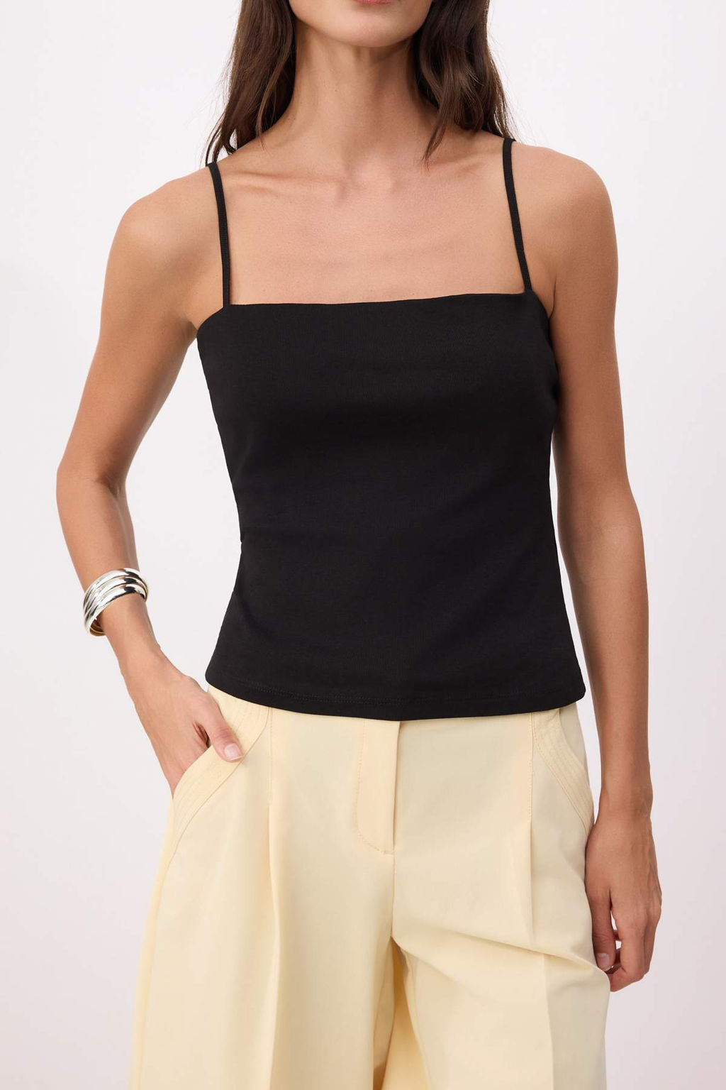 Siyah Fitted/Vucuda Oturan Straplez Ince Ask?l? Kolsuz Pamuk Ribana Orme Atlet TWOSS26AL00033