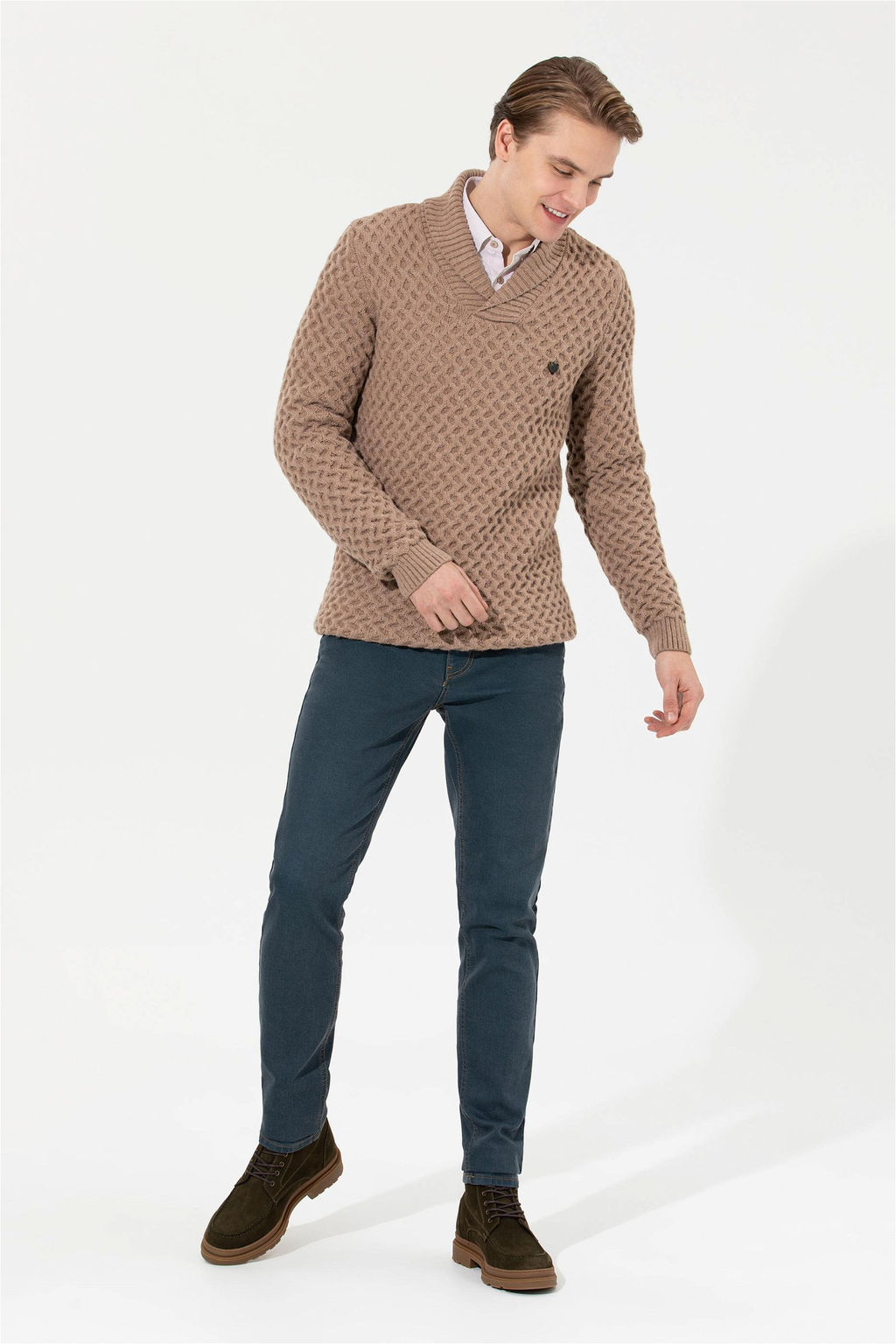 U. S. Polo Assn Мужской светло-коричневый меланжевый трикотаж с шалевым воротником - U.s. polo assn фото 8