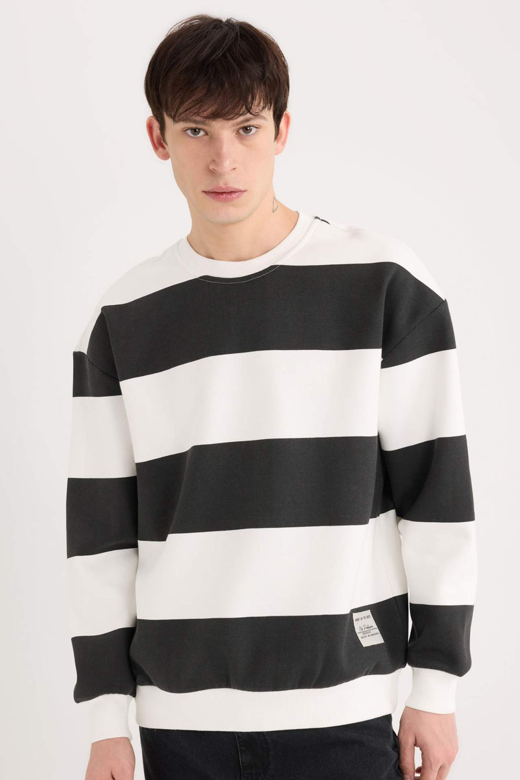 Boxy Fit Bisiklet Yaka Cizgili Sweatshirt - Defacto фото 3