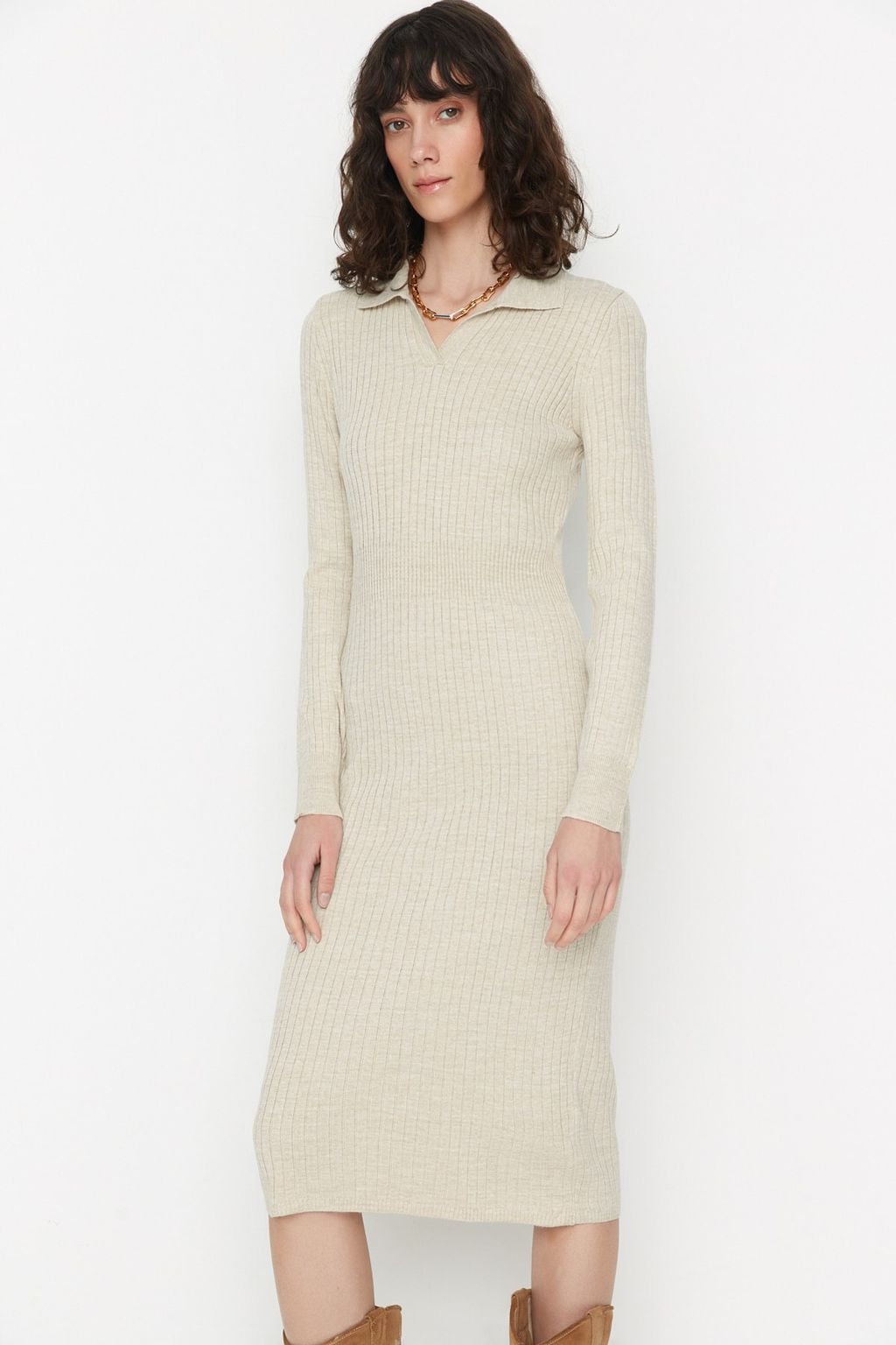 TRENDYOLMILLA Siyah Midi Triko Polo Yaka Elbise TWOAW22EL1376  фото 14