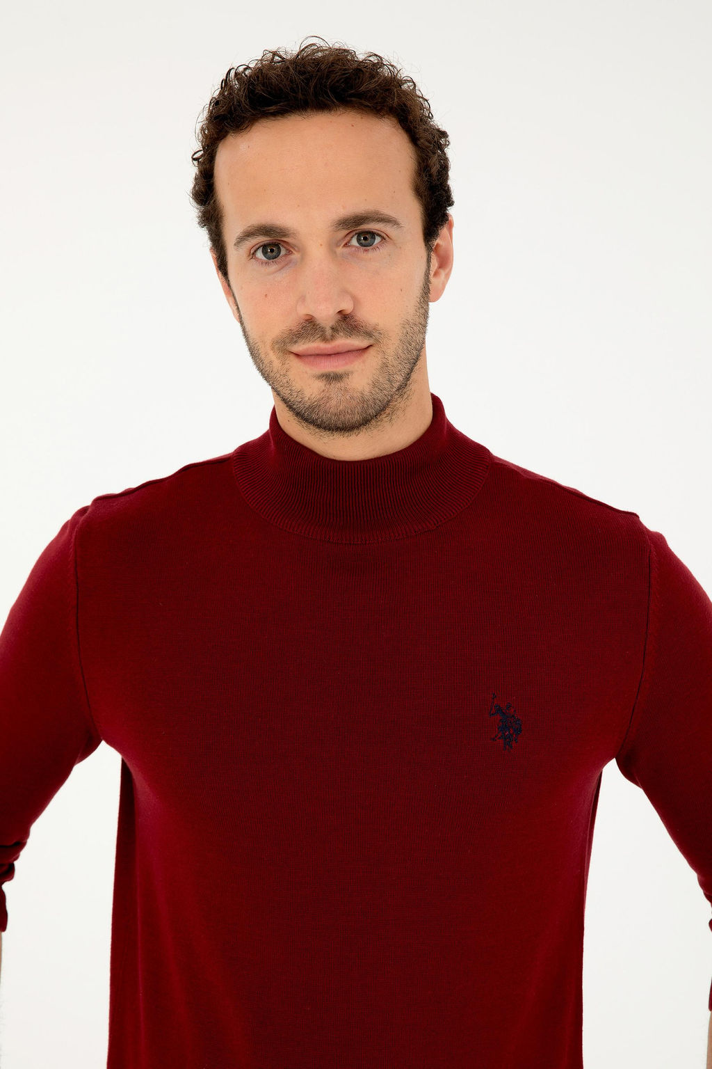 Erkek Slim Fit Yar_m Bo_azl_ Bordo Basic Kazak