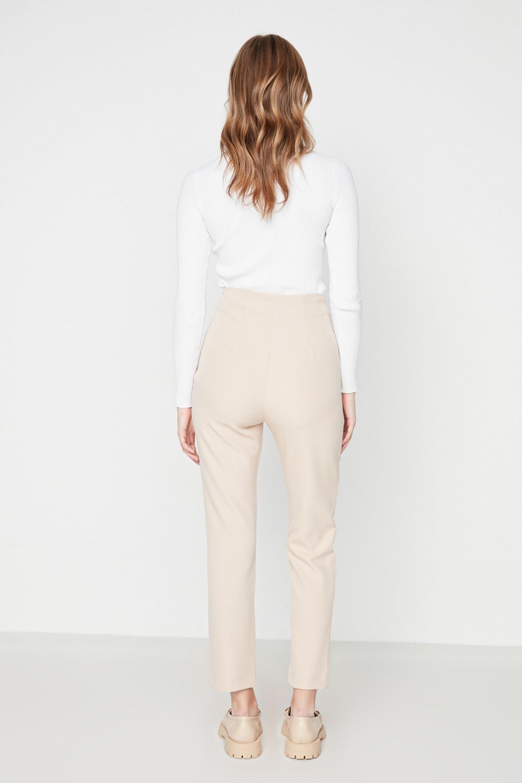 Bej Cigarette Kal?p Pensli Yuksek Bel Bilek Boy Dokuma Kumas Pantolon TWOSS20PL0515