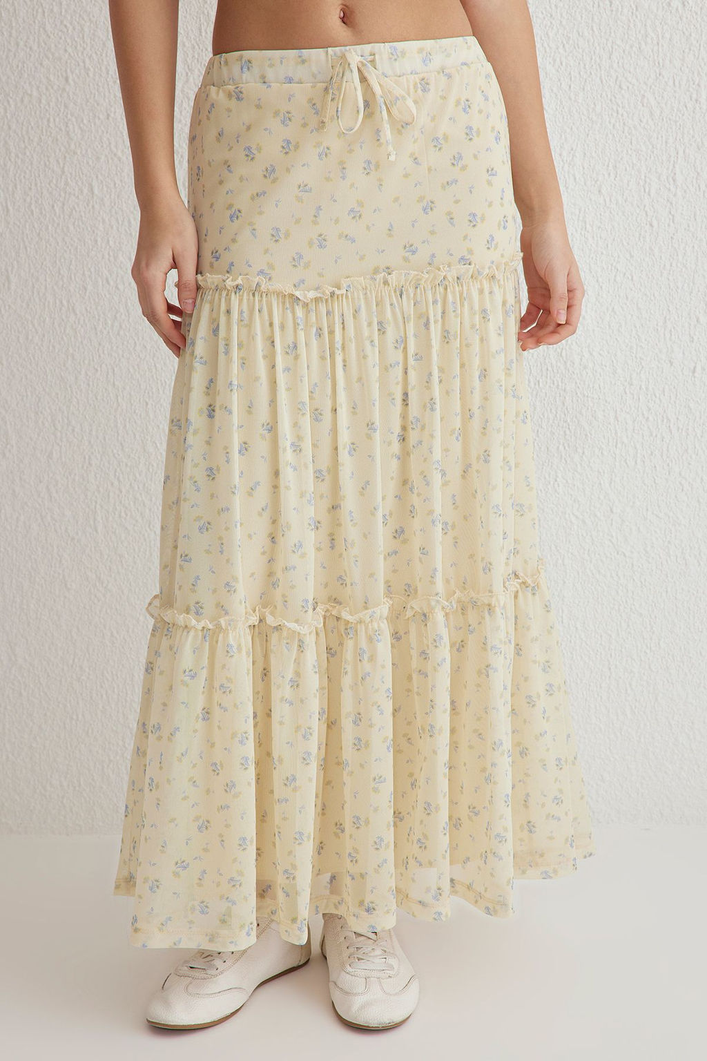 Ac?k Sar? Tul Cicek bask?l? Buzgu/Drape Detayl? Esnek Etek TWOSS25ET00064