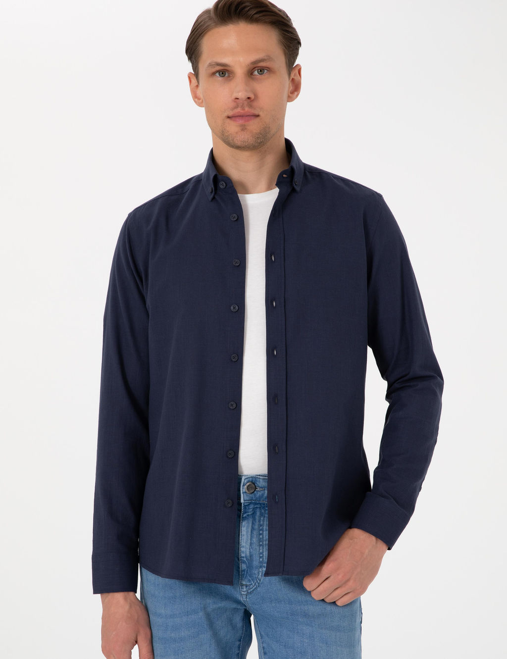 Koyu Lacivert Keten G_r_n_ml_ Slim Fit Uzun Kollu G_mlek