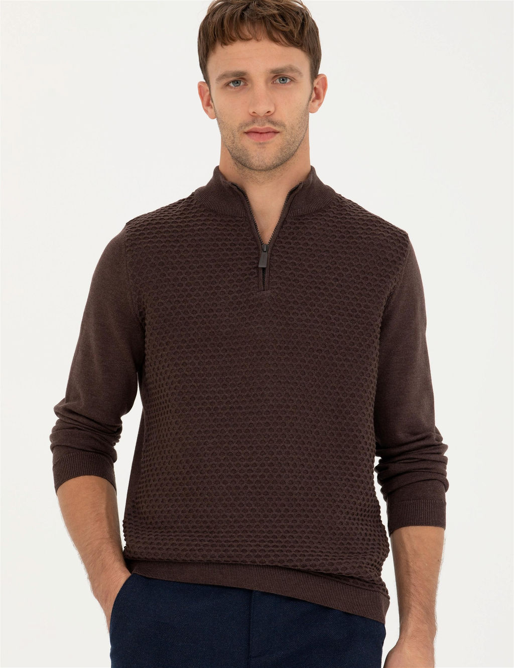 Kahverengi Slim Fit Fermuarl_ Dik Yaka Triko Kazak - Pierre cardin фото 3
