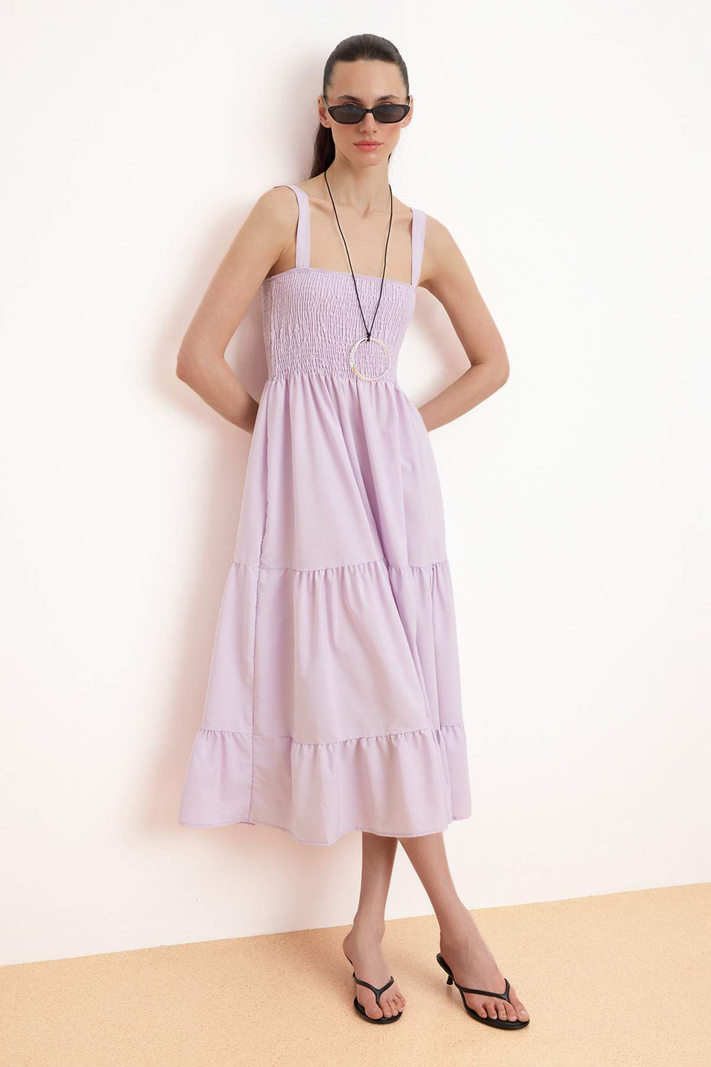 Lila Duz Etegi Belden Ac?lan Gipeli Maxi Dokuma Elbise TWOSS24EL01052