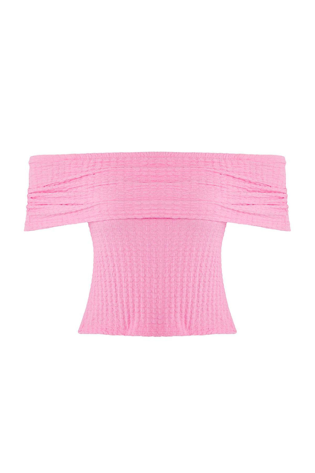 Pembe Dokulu Karmen Yaka Vucuda Oturan Crop Esnek Orme Bluz TWOSS25BZ00602