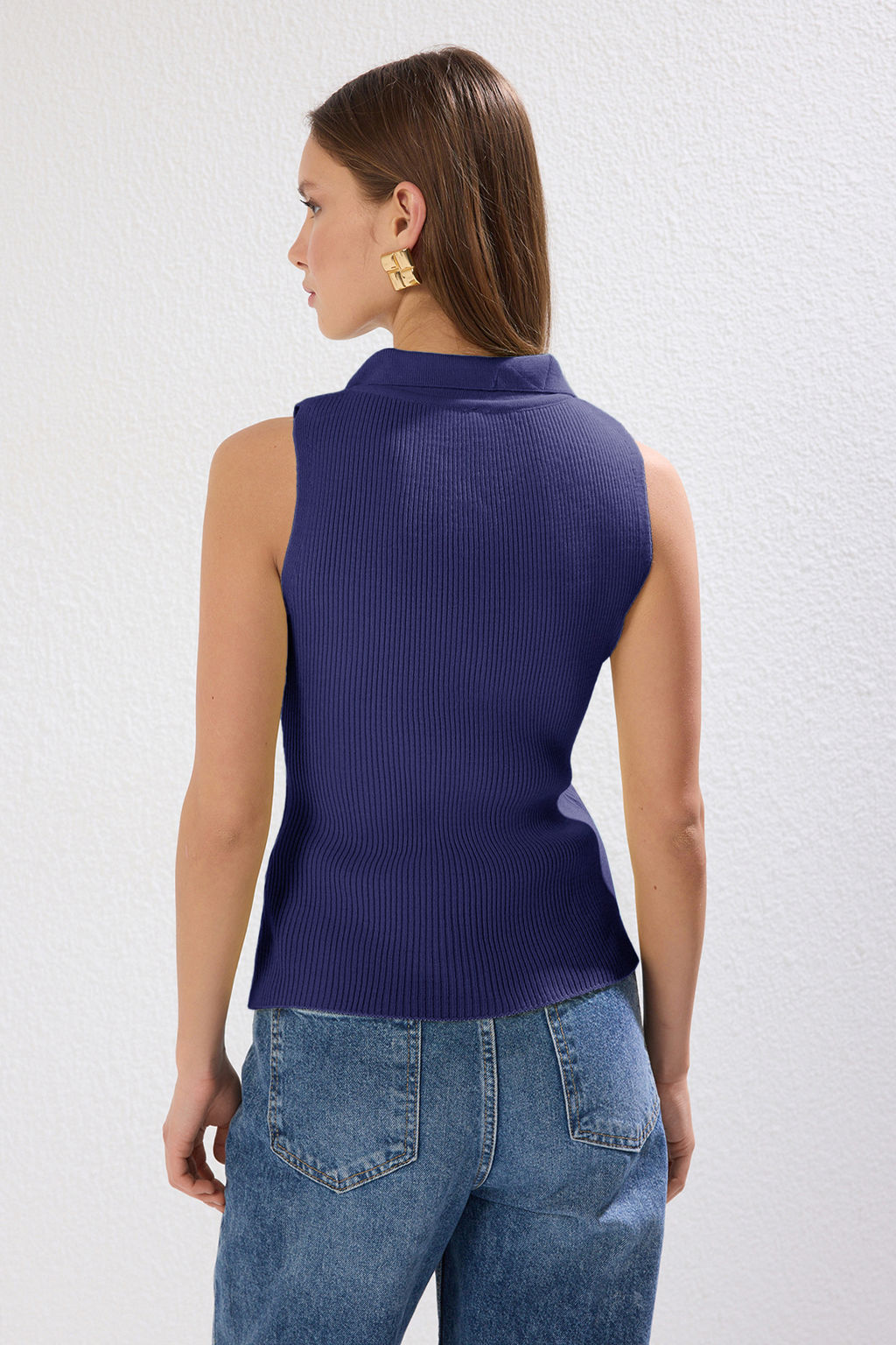 Lacivert Polo Yaka Fitilli Triko Ince Bluz TWOSS25BZ00331